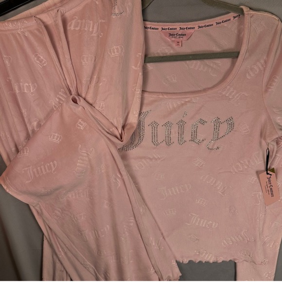 Juicy Couture Pink Velour Rhinestone Pajama Lounge Set Women's XL Y2K Aesthetic